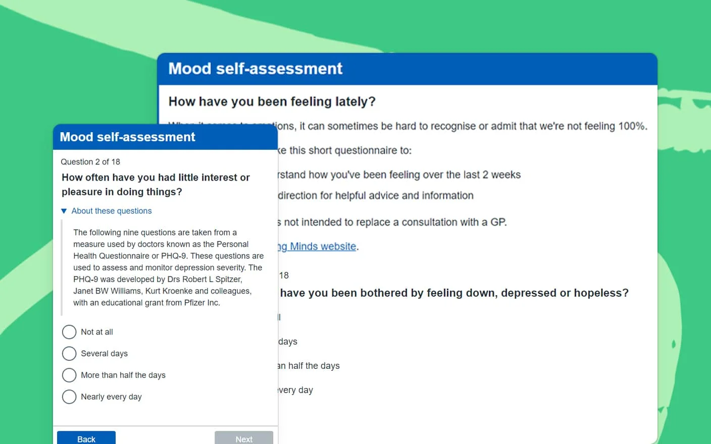 Mood self-assessment questionnaire on a web interface, part of self-evaluation tools designed to help users identify their mental health needs