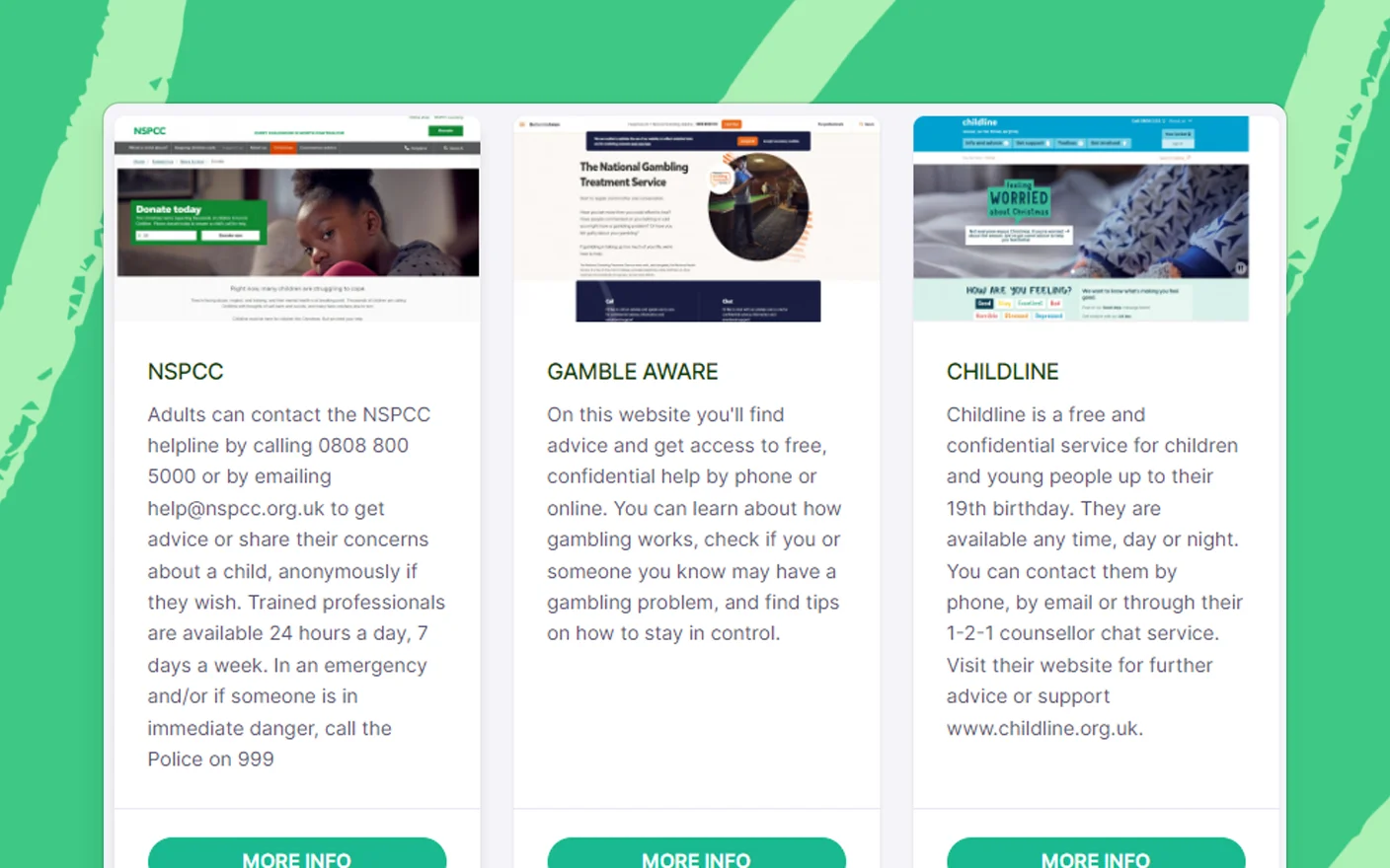 Previews of online resources with logos and brief descriptions from NSPCC, Gamble Aware, and Childline, representing external supportive services accessible through the platform.