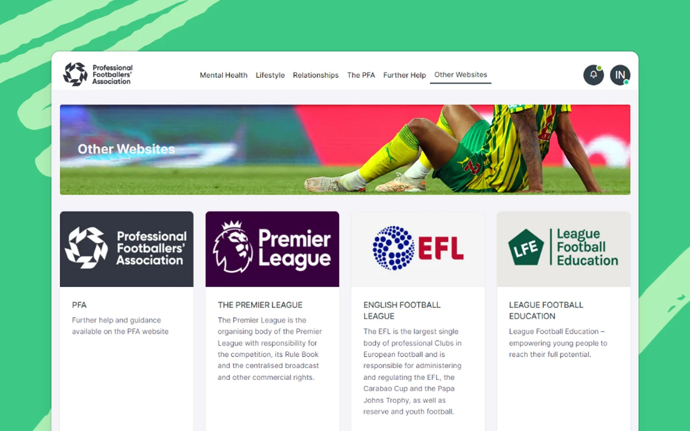 Web page section highlighting links to external sports wellness organizations like the Professional Footballers' Association and the Premier League, signposting further help and guidance.