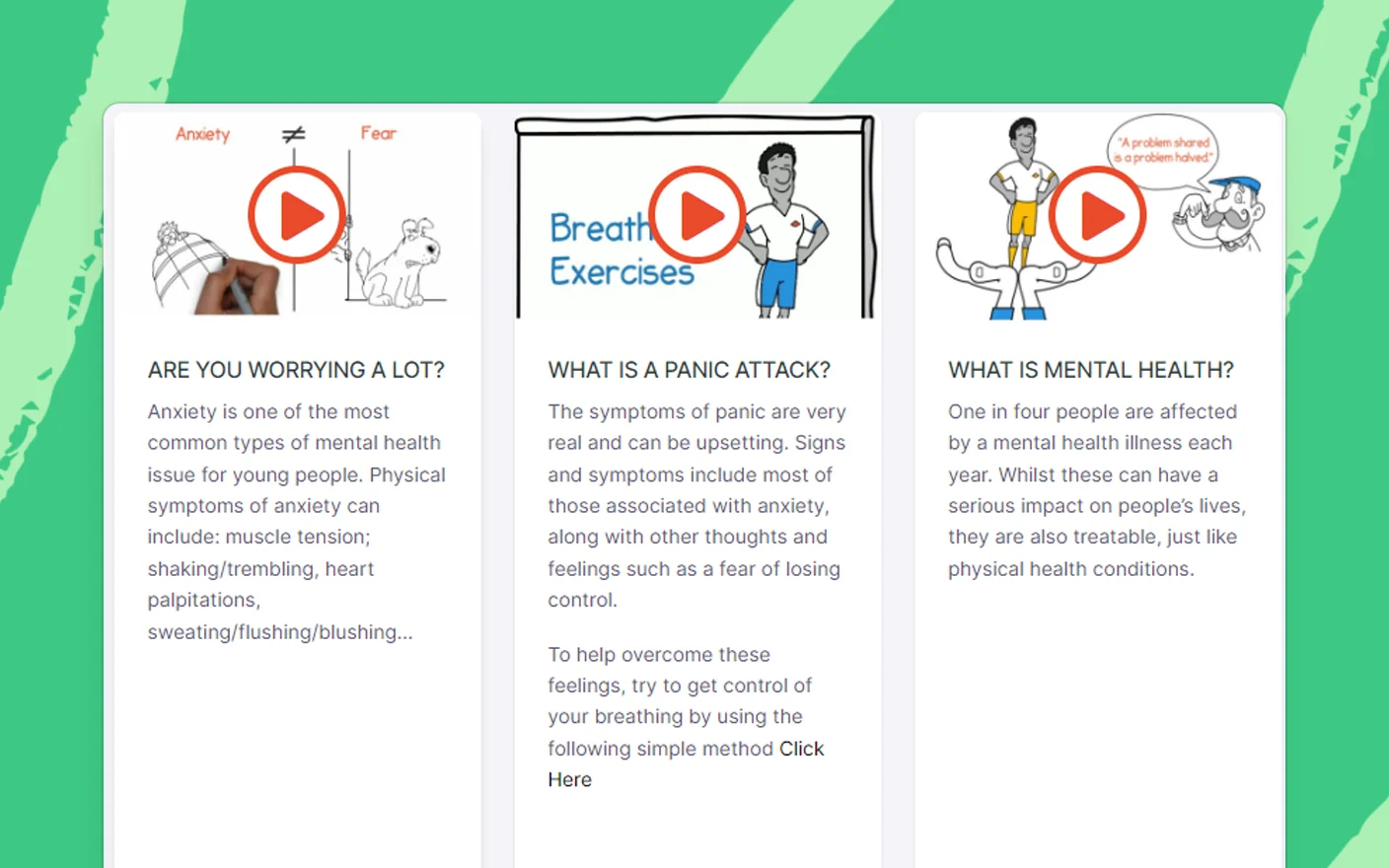 Interactive cards with play buttons on mental health topics such as anxiety, panic attacks, and mental health awareness, designed for athletes.
