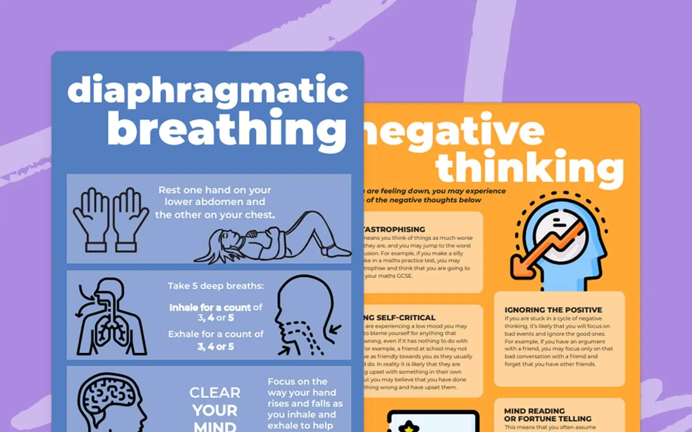 Educational graphic showing techniques for diaphragmatic breathing and identifying negative thinking patterns, aimed at providing expert-developed materials for mental health and personal development.