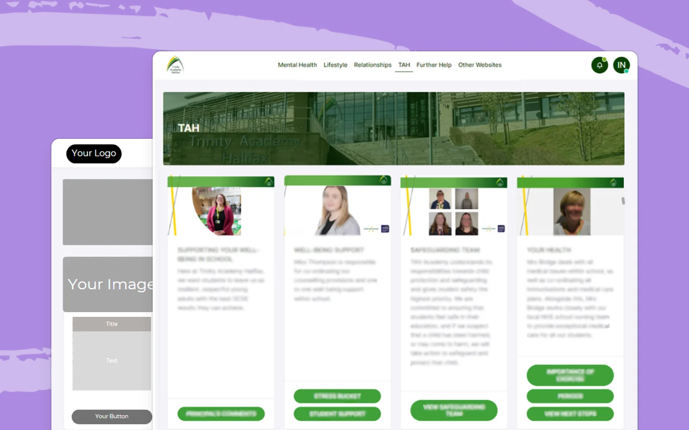 Customisable web page template for schools showing a placeholder for a logo, images, and content, emphasizing the ability to tailor branding and information.