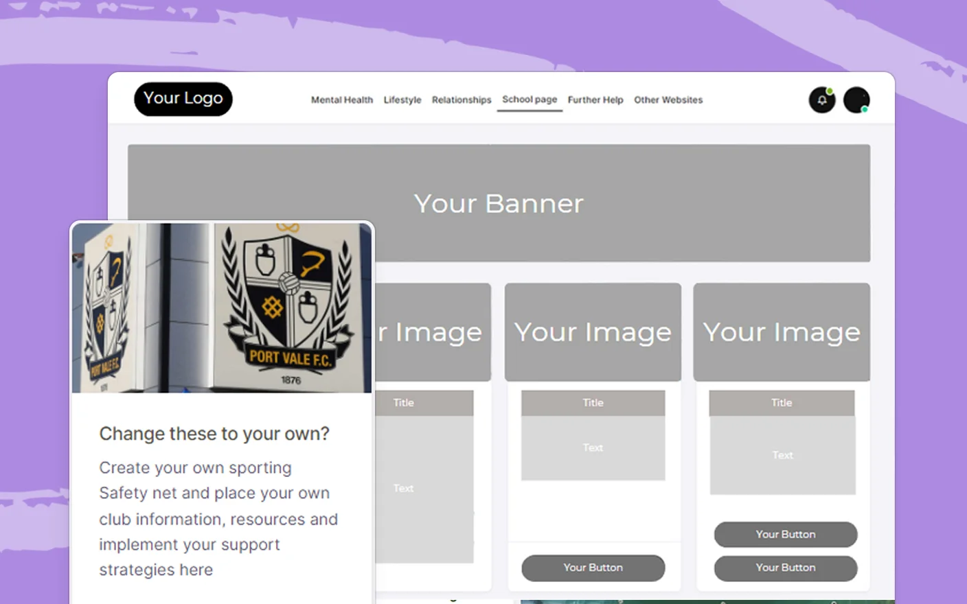 Web page template featuring a sports club logo and customizable areas for banners and images, ready for branding with club-specific content.