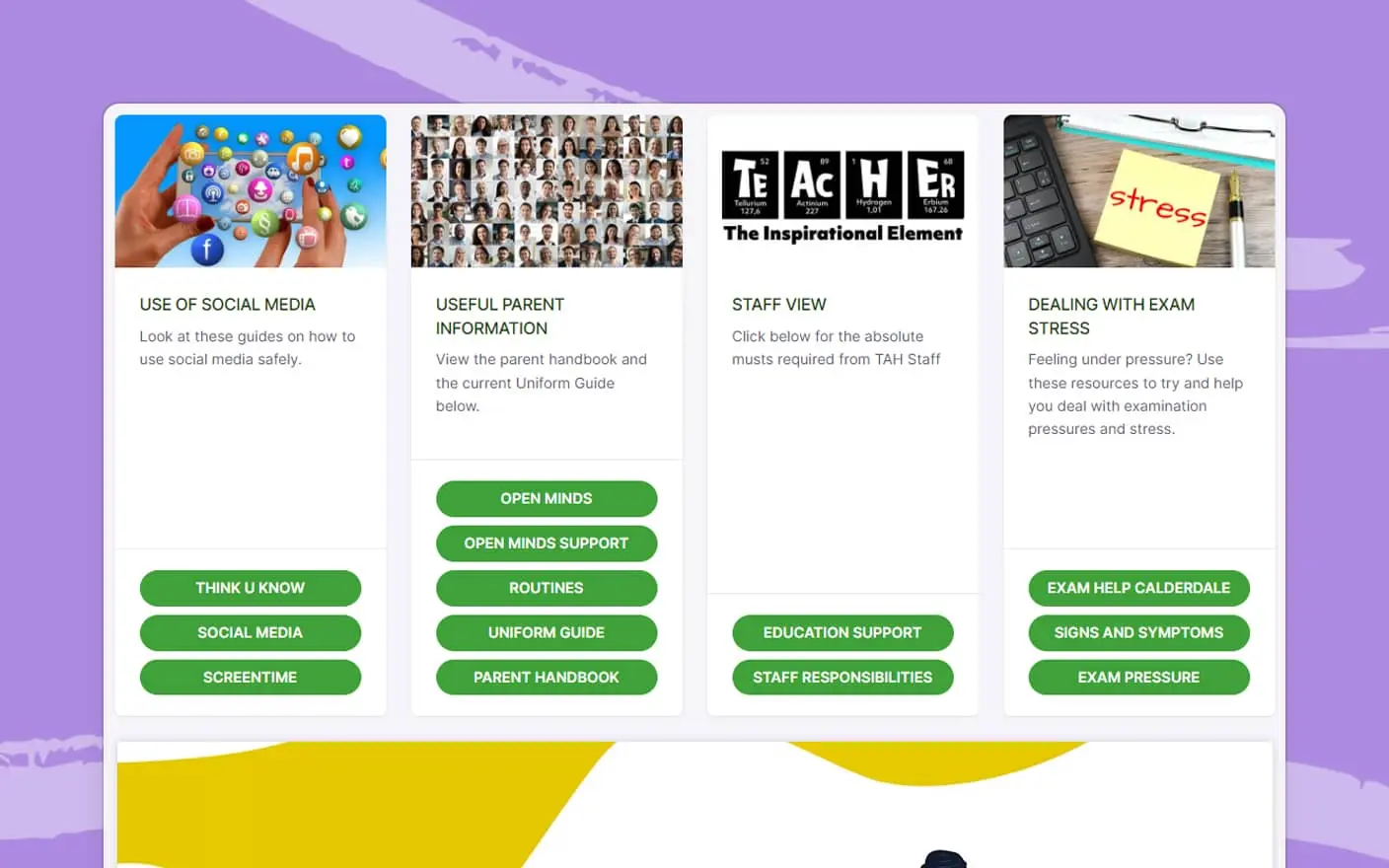 Collage of custom educational content including social media safety, parent information, and staff resources, highlighting the platform’s customisation capability.